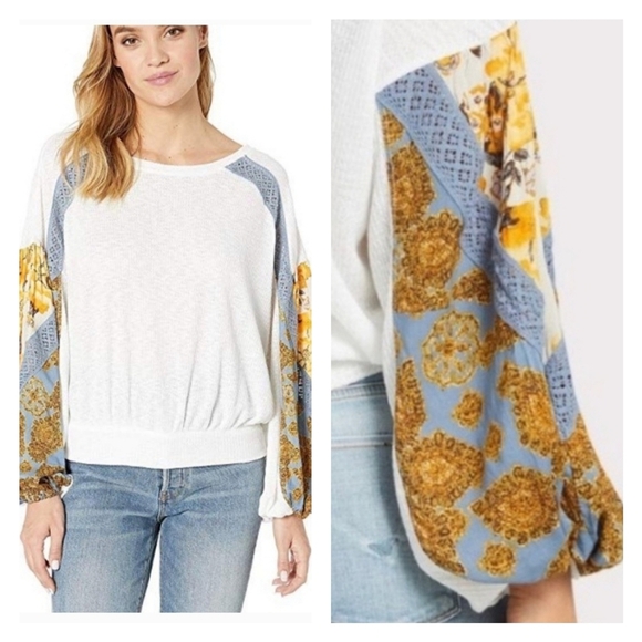 Free People Casual Clash Balloon Sleeve Oversized Waffle Thermal Top Medium - Picture 1 of 11